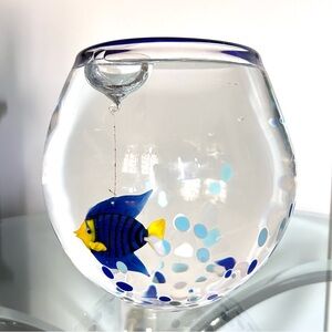 Blue & Clear Art Glass Fish Bowl with Bubble Glass Fish